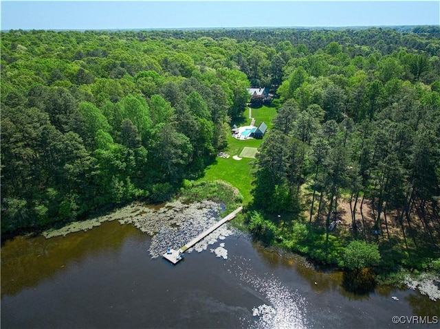 birds eye view of property featuring a water view and a forest view