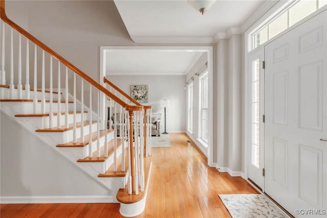 entrance foyer featuring ornamental molding, baseboards, plenty of natural light, and light wood finished floors