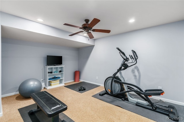 exercise room with a ceiling fan, carpet, baseboards, and recessed lighting