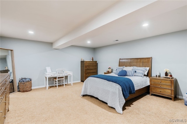 bedroom with carpet, visible vents, baseboards, and recessed lighting