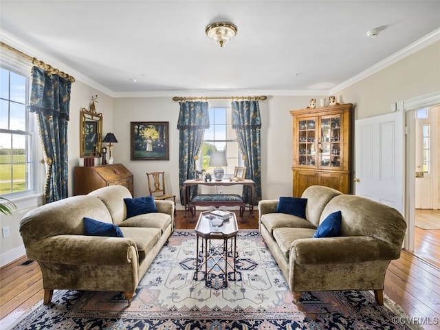 living room with ornamental molding, baseboards, and hardwood / wood-style floors