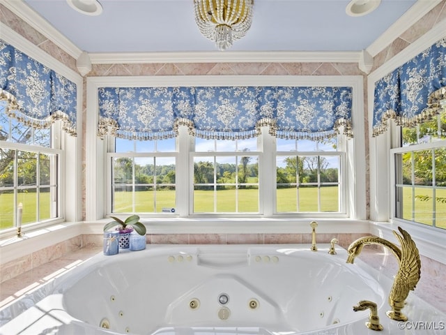 full bathroom featuring a tub with jets and ornamental molding