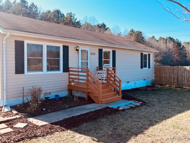 view of front of house featuring crawl space and fence