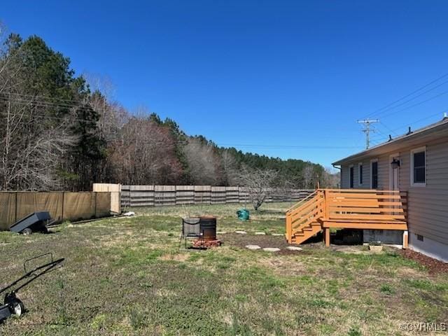 view of yard featuring a fenced backyard and a wooden deck