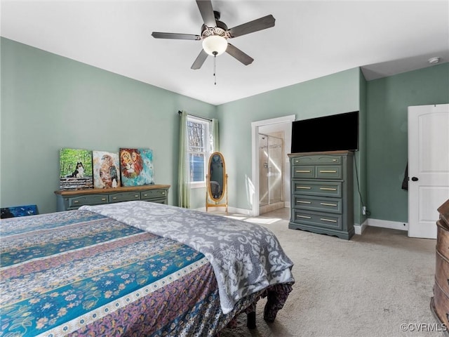 bedroom featuring light carpet, a ceiling fan, and baseboards