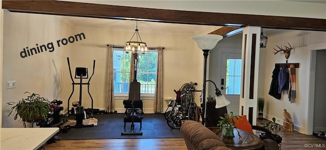 exercise room featuring a chandelier, wood finished floors, and ornamental molding