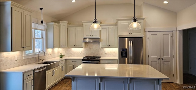 kitchen with a sink, under cabinet range hood, a center island, appliances with stainless steel finishes, and lofted ceiling