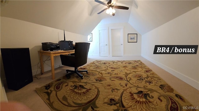 office with baseboards, lofted ceiling, carpet, and ceiling fan