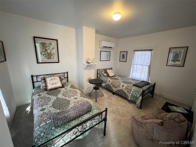 carpeted bedroom featuring baseboards and a wall mounted AC