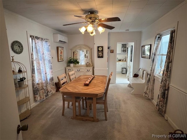 dining area with ornamental molding, a wall mounted AC, light colored carpet, and radiator