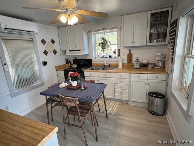 kitchen with glass insert cabinets, black electric range, under cabinet range hood, a sink, and a wall mounted AC