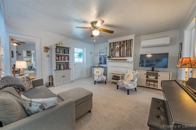 111 Taylor Ave, Urbanna, VA 23175 - living area featuring crown molding, a wall mounted air conditioner, ceiling fan, and carpet floors