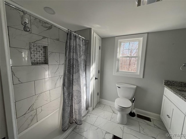 bathroom with toilet, vanity, visible vents, baseboards, and marble finish floor