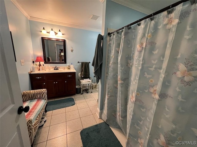 full bath featuring ornamental molding, vanity, visible vents, and tile patterned floors