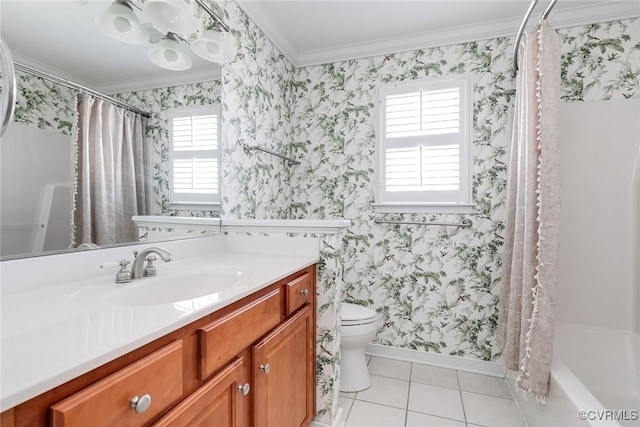 full bath featuring toilet, wallpapered walls, crown molding, and tile patterned floors