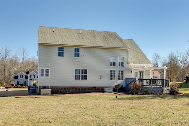 back of house with roof with shingles, a yard, central AC, a pergola, and a wooden deck