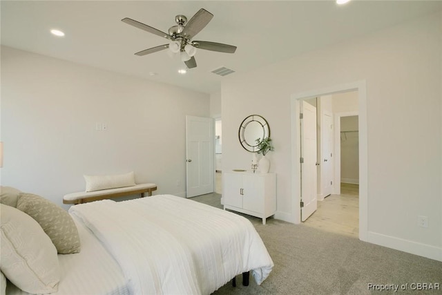 bedroom featuring recessed lighting, visible vents, light carpet, ceiling fan, and baseboards