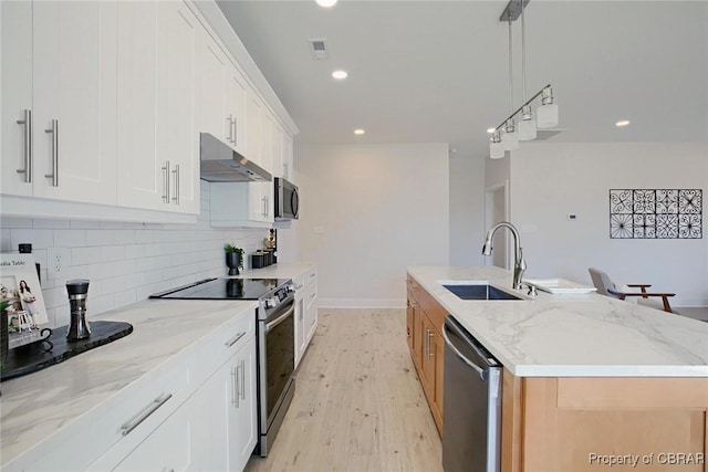 kitchen featuring stainless steel appliances, light wood-style floors, a kitchen island with sink, a sink, and under cabinet range hood