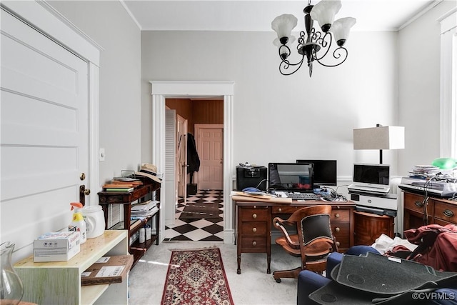 office area featuring a chandelier and light floors