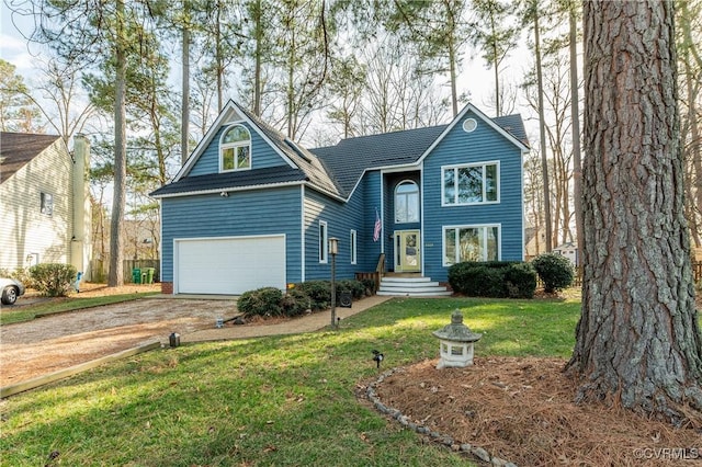 view of front of property with concrete driveway, a garage, and a front lawn