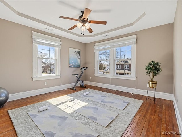 exercise room with a raised ceiling, plenty of natural light, baseboards, and wood finished floors