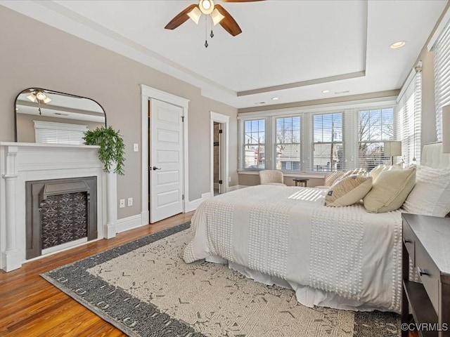 bedroom featuring a raised ceiling, multiple windows, and wood finished floors