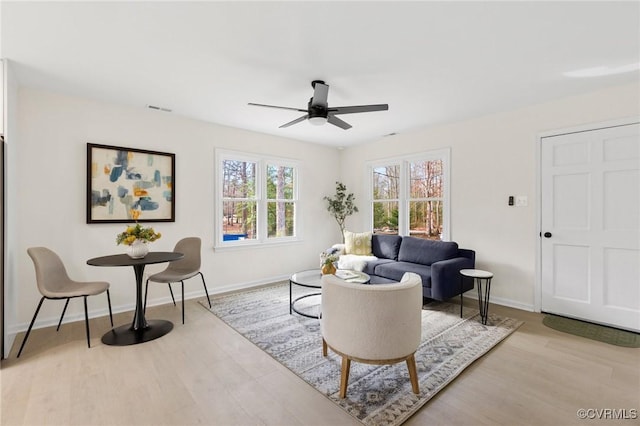 living area with visible vents, ceiling fan, baseboards, and wood finished floors