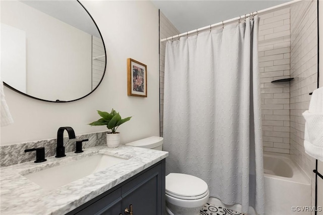 bathroom with shower / bath combination with curtain, vanity, and toilet