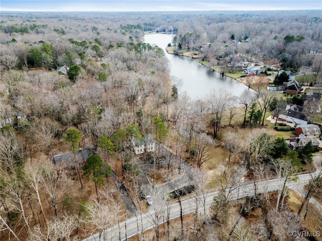 bird's eye view featuring a water view and a forest view