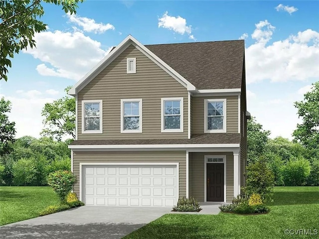 traditional home featuring a shingled roof, a front yard, concrete driveway, and an attached garage