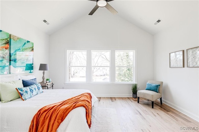 bedroom with lofted ceiling, light wood-style floors, ceiling fan, and visible vents