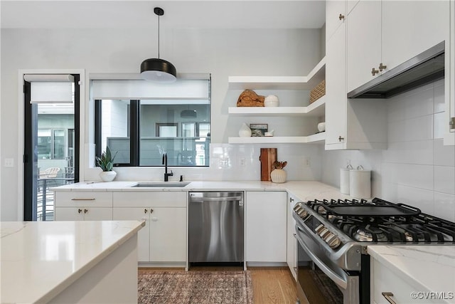 kitchen featuring appliances with stainless steel finishes, wood finished floors, a sink, white cabinetry, and backsplash