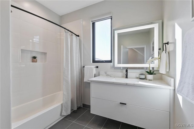 full bath featuring shower / bath combination with curtain, tile patterned flooring, and vanity