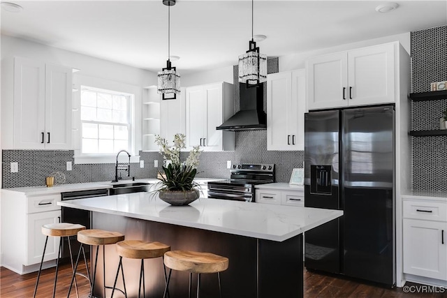 kitchen featuring open shelves, stainless steel electric stove, black refrigerator with ice dispenser, a sink, and wall chimney range hood