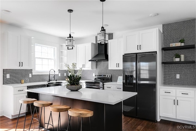 kitchen with open shelves, light countertops, black fridge with ice dispenser, stainless steel range with electric cooktop, and a sink