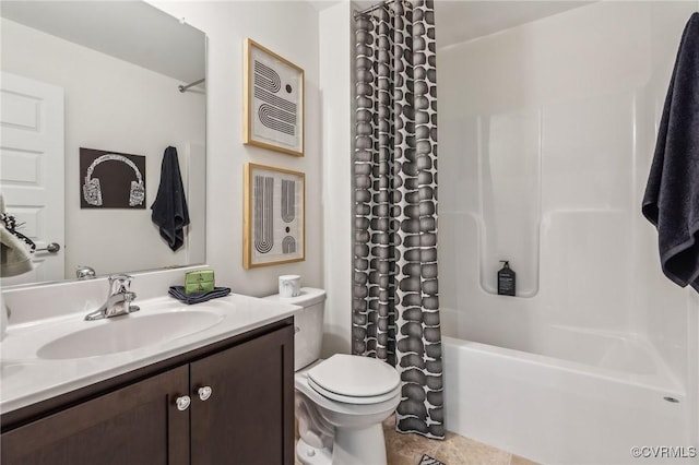 full bathroom with toilet, shower / bath combo with shower curtain, and vanity