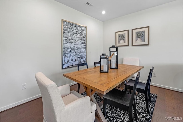 dining area featuring dark wood-style floors, recessed lighting, visible vents, and baseboards