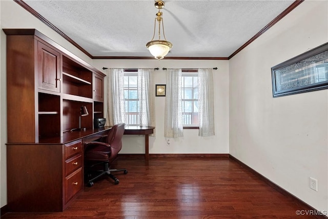 unfurnished office with dark wood finished floors, a textured ceiling, and baseboards