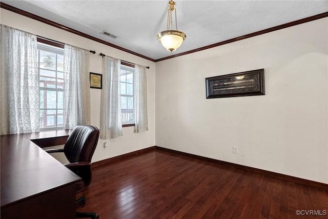 office with dark wood-style floors, baseboards, ornamental molding, and a textured ceiling