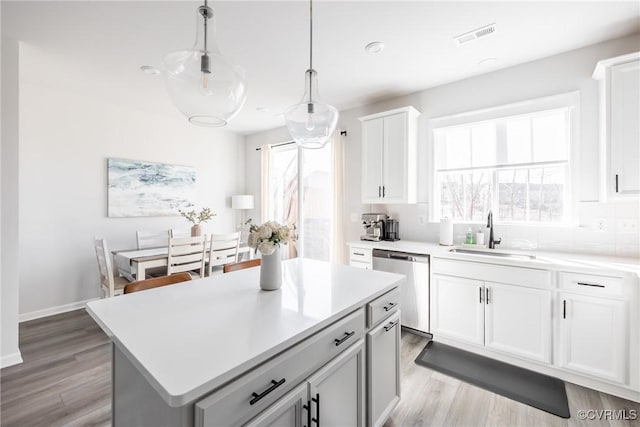 kitchen featuring light countertops, stainless steel dishwasher, plenty of natural light, and a sink