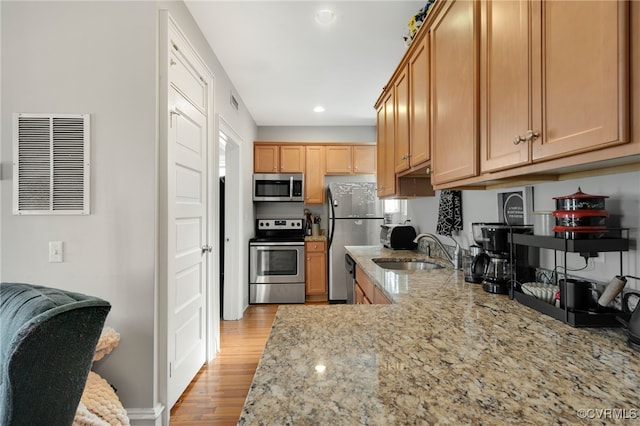 kitchen featuring light stone counters, stainless steel appliances, visible vents, light wood-style floors, and a sink