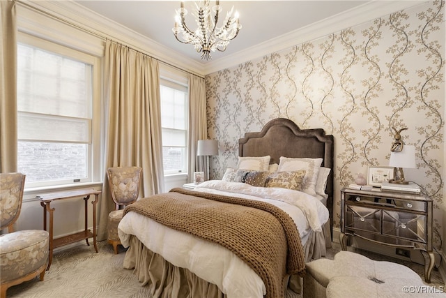 bedroom featuring wallpapered walls, a chandelier, and crown molding