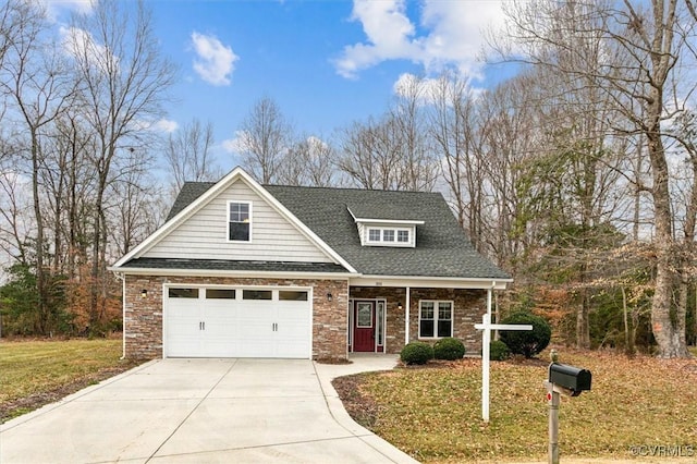 view of front of house with a garage, concrete driveway, a shingled roof, and stone siding