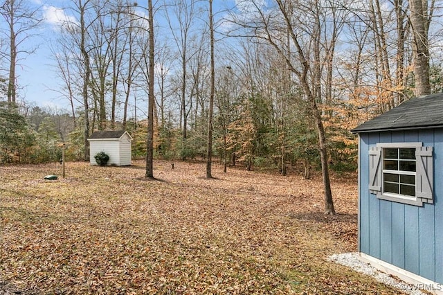 view of yard with a storage shed and an outdoor structure