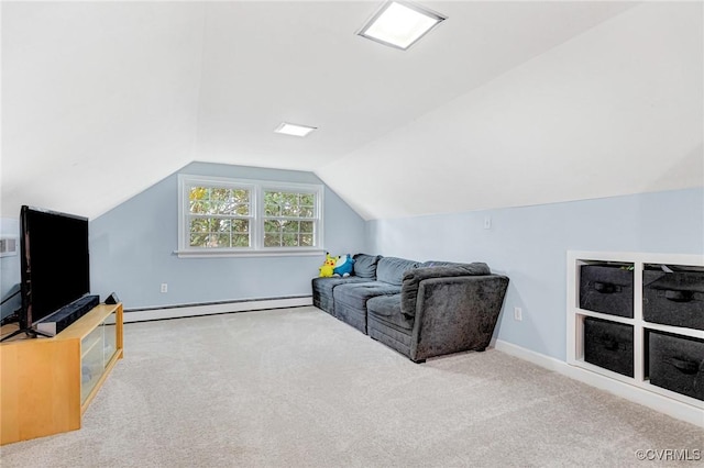 living room with carpet floors, baseboards, a baseboard heating unit, and lofted ceiling