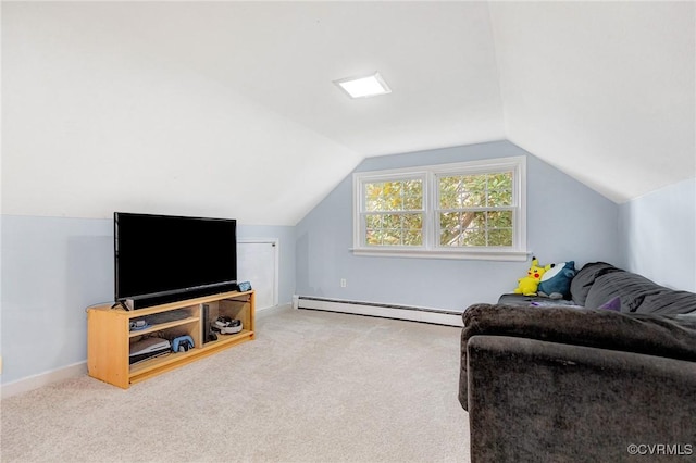 living room with a baseboard heating unit, carpet flooring, vaulted ceiling, and baseboards