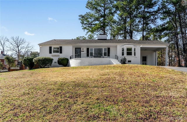 view of front of property with crawl space, stucco siding, a chimney, and a front yard