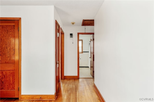 hall featuring light wood-type flooring and baseboards