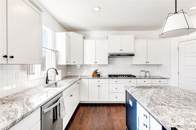 kitchen with under cabinet range hood, dark wood-style flooring, a sink, white cabinets, and dishwasher