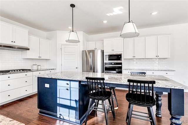 kitchen with under cabinet range hood, a kitchen island, dark wood-style floors, and appliances with stainless steel finishes